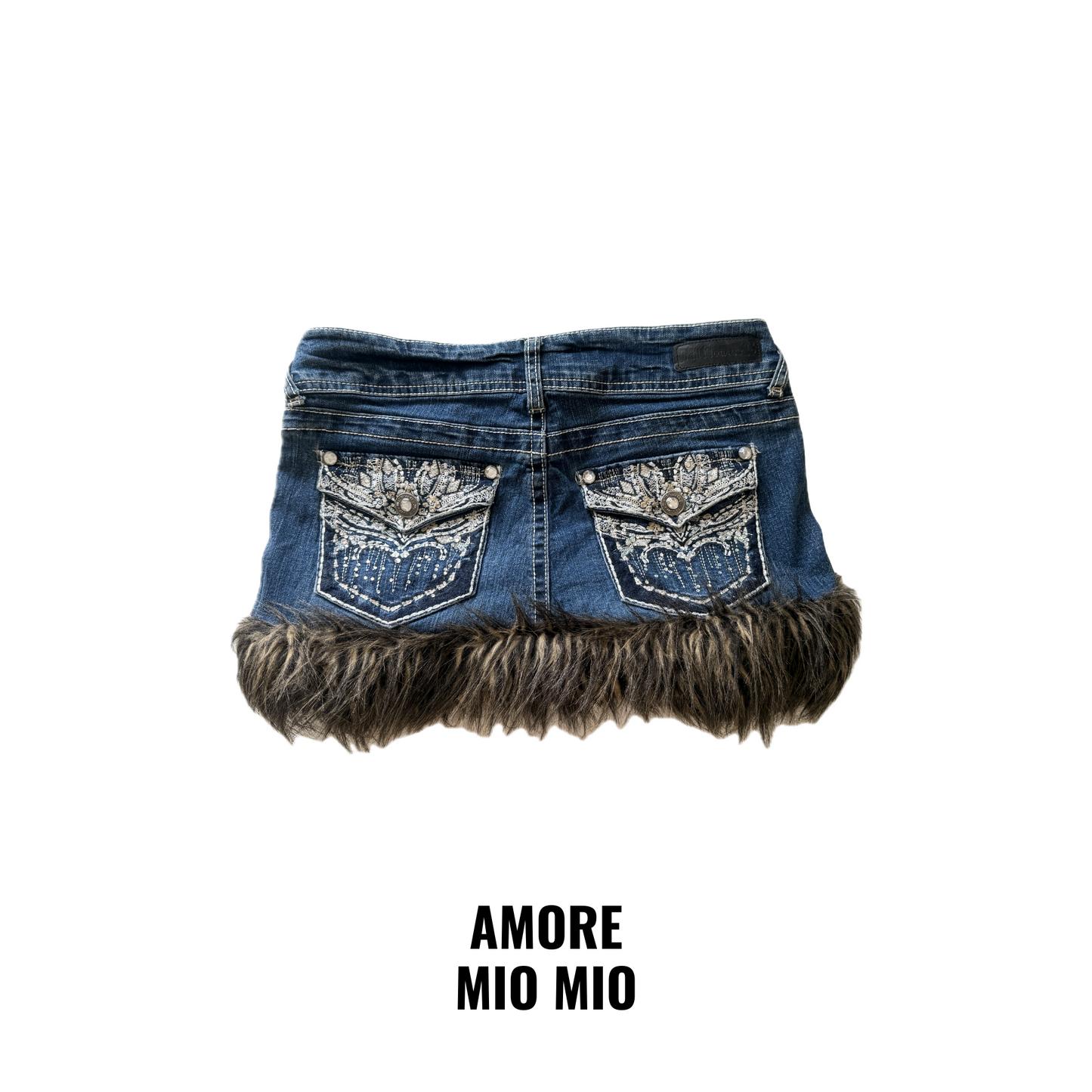 Denim Mini Skirt with Faux Fur Trim & Embroidered Pockets