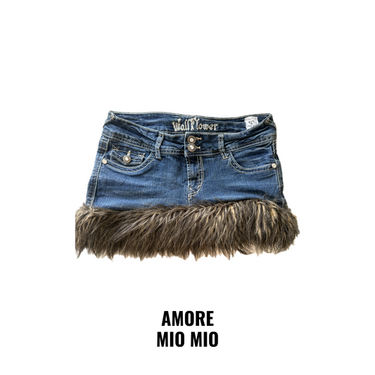 Denim Mini Skirt with Faux Fur Trim & Embroidered Pockets