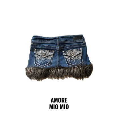 Denim Mini Skirt with Faux Fur Trim & Embroidered Pockets
