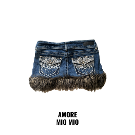 Denim Mini Skirt with Faux Fur Trim & Embroidered Pockets
