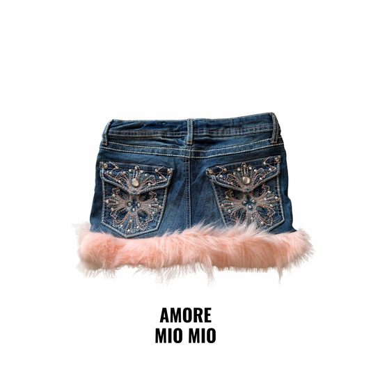Pink Fur Embroidered Denim Skirt