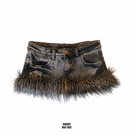 DENIM MINI SKIRT WITH FAUX FUR